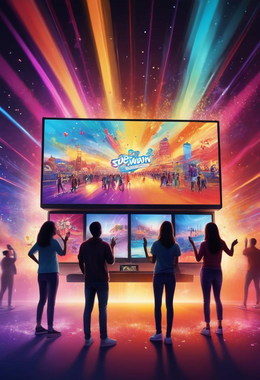 A vibrant and lively illustration of a diverse group of people joyfully engaging with digital content on two large screens displaying Mino Entertainment's colorful shows. The background is filled with energetic streaks of light and abstract shapes symbolizing excitement and creativity. Include elements like popcorn, gaming consoles, and music notes to represent entertainment diversity. The scene should exude a sense of community and fun. super-realistic. vibrant colors.