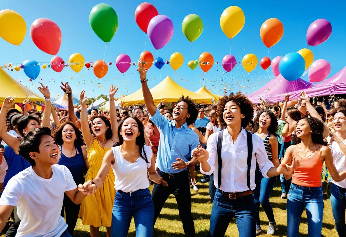 A vibrant and colorful scene depicting a diverse group of people joyfully engaging in various forms of entertainment, such as dancing, singing, and playing musical instruments under a sunny sky filled with balloons and confetti. The setting features a lively festival atmosphere, with colorful tents and playful decorations. Emphasis on smiles and laughter, showcasing the blissful experience of Mino Entertainment. super-realistic. vivid colors. lively background.