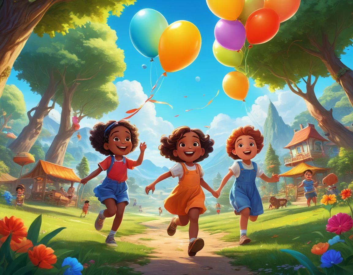 A vibrant and whimsical scene showcasing children of diverse backgrounds joyfully playing various Mino games in an expansive, colorful outdoor setting. Incorporate elements such as balloons, laughter, and imaginative characters engaging in playful activities, surrounded by lush greenery and a sparkling blue sky. This setting should radiate excitement and joy, highlighting the spirit of adventure and gleeful moments created through games and shows. bright colors. cartoon style. cheerful atmosphere.